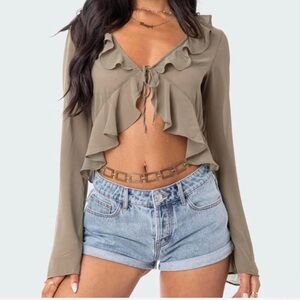 Ruffle Tie-Front Crop Top - Taupe